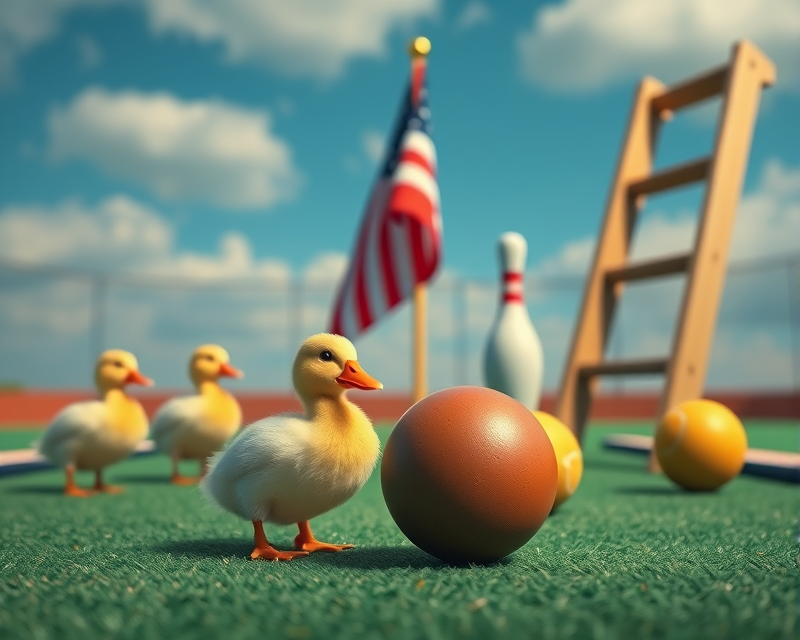 duckling, flag, ladder, bowling ball, tennis